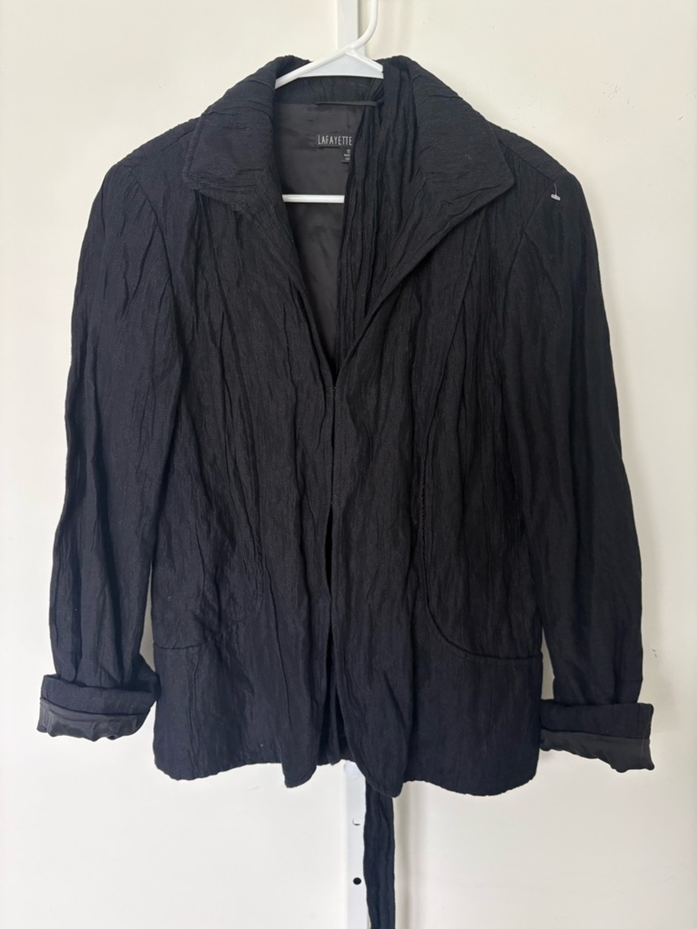 Lafayette 148 New York Crinkle Blazer Jacket Black Metallic Belted Sz 12
